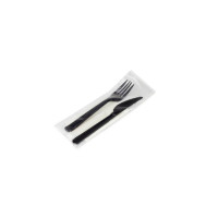 99886 Нож и вилка одноразовые черные стекловидные в индивидуальной упаковке 100 шт/уп