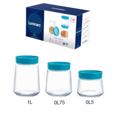 Набір банок для сипучих Luminarc Jar SWING 3шт (Q6636) з блакитною кришкою Набір банок для сипучих Luminarc Jar SWING 3шт (Q6636) з блакитною кришкою