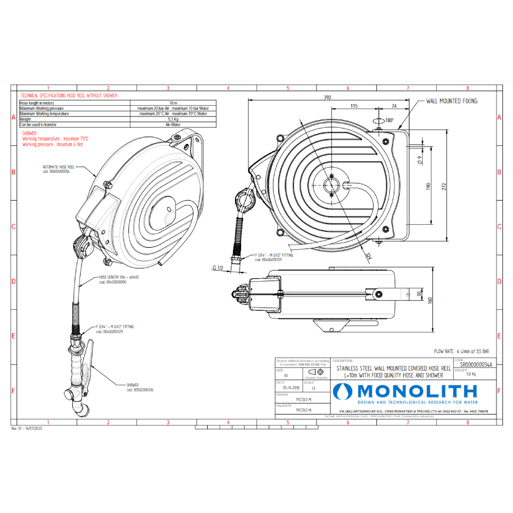 Выдвижной душ на катушке 10 м Monolith APOLLO SR000000034A