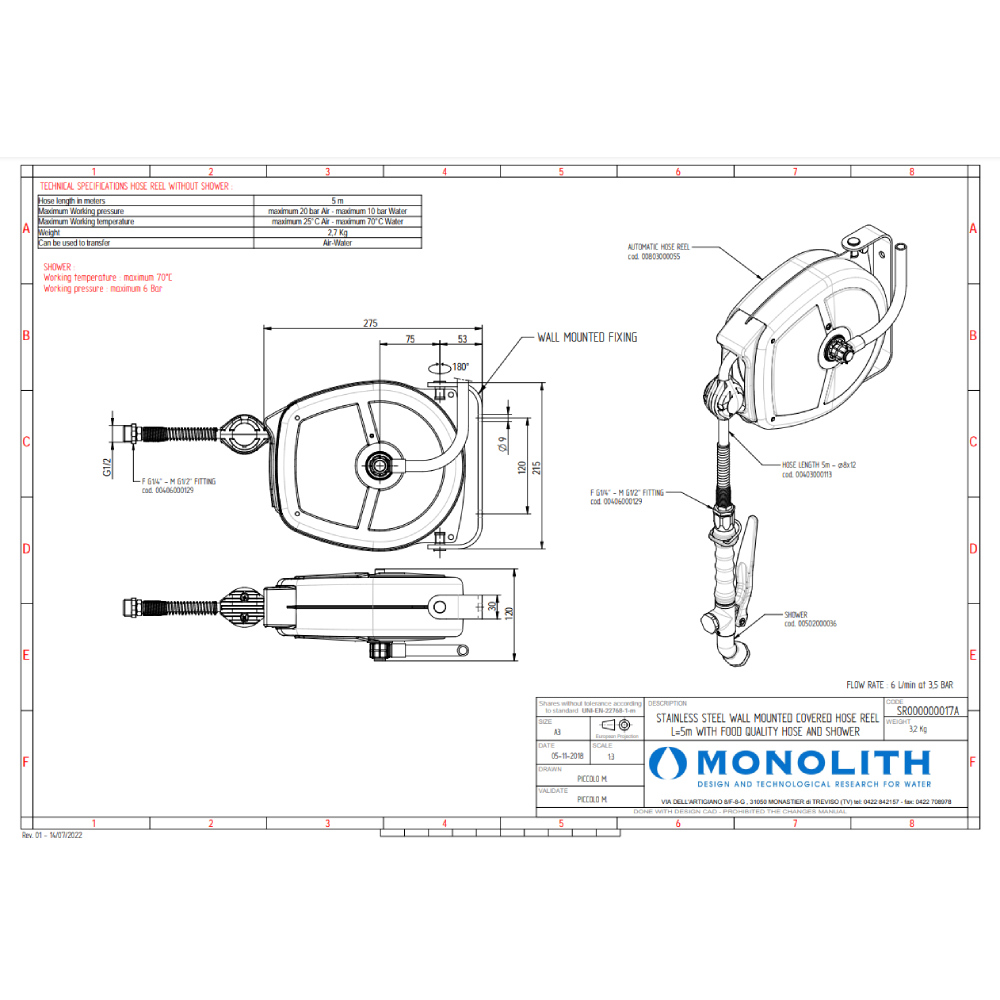 Выдвижной душ на катушке 5 м Monolith APOLLO SR000000017A