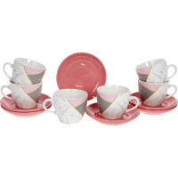Кофейный сервиз "Мрамор" 6 чашек 240мл и 6 блюдец, фарфор, белый с розовым и серым