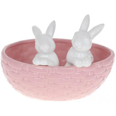 Декоративное кашпо "Кролики в корзинке" 20х15х14.5см, керамика, розовый с белым