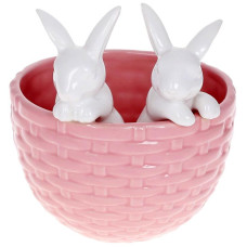 Декоративное кашпо "Кролики в корзинке" 14х13.5х15см, керамика, розовый с белым