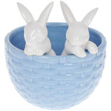Декоративное кашпо "Кролики в корзинке" 14х13.5х15см, керамика, голубой с белым