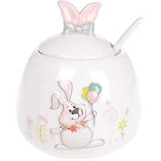 Сахарница керамическая "Веселый кролик" с шариками, с керамической ложкой