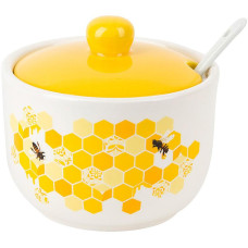 Керамическая сахарница с керамической ложкой "Sweet Honey" 450мл, белая с желтым