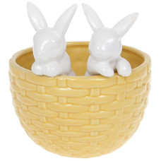Декоративное кашпо "Кролики в корзинке" 14х13.5х15.2см, желтый с белым