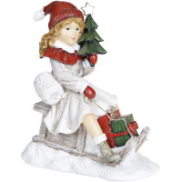 Декоративная статуэтка "Девочка с ёлкой на санках" 19х11х22см, белый с красным