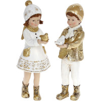 Набор 2 декоративных фигурки "Детки с Птичками" 20см, белый с золотом