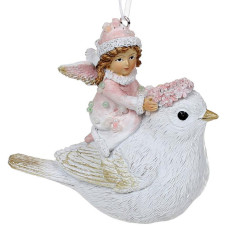 Декоративная подвесная фигурка "Ангел на Птичке" 10х4х9см, полистоун, бело-розовый