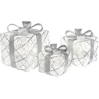 Набор декоративных подарков - 3 коробки 15х20см, 20х25см, 25х30см с LED-подсветкой, белый с серебром