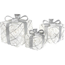 Набор декоративных подарков - 3 коробки 15х20см, 20х25см, 25х30см с LED-подсветкой, белый с серебром