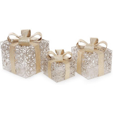 Набор декоративных подарков - 3 коробки 12.5см, 16.5см, 20см с LED-подсветкой, шампань с золотом