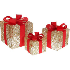 Набор декоративных подарков - 3 коробки 15см, 20см, 25см с LED-подсветкой, золото с красным бантом