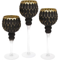 Набір 3 скляних свічників Ferdeus 30см, 35см, 40см, чорний із золотом