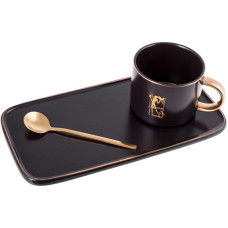 Кофейный набор Coffee Prelude "Bona" 200мл с тарелкой и ложкой, чёрный