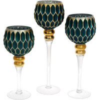 Набір 3 скляні свічники Catherine 30см, 35см, 40см, смарагдовий із золотом