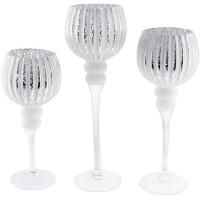 Набір 3 скляні свічники Catherine 30см, 35см, 40см, білий зі сріблом