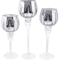 Набір 3 скляні свічники Catherine 30см, 35см, 40см, срібло антик