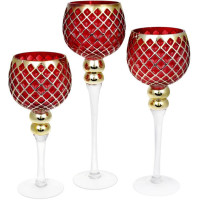 Набір 3 скляних свічників Ferdeus 30см, 35см, 40см, зелений із золотом