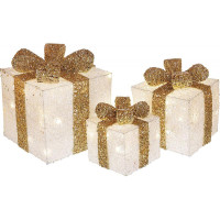 Набір декоративних подарунків - 3 коробки 20см, 25см, 30см з LED-підсвічуванням, білий із золотим