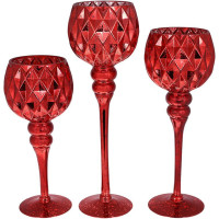 Набір 3 скляні свічники Catherine 30см, 35см, 40см, червоний келих