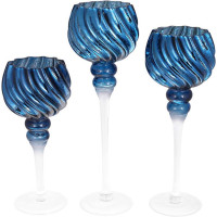 Набір 3 скляні свічники Catherine 30см, 35см, 40см, синій блюмарин