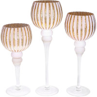 Набір 3 скляні свічники Catherine 30см, 35см, 40см, білий матовий із золотом