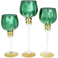 Набір 3 скляні свічники Catherine 30см, 35см, 40см, золото із зеленим